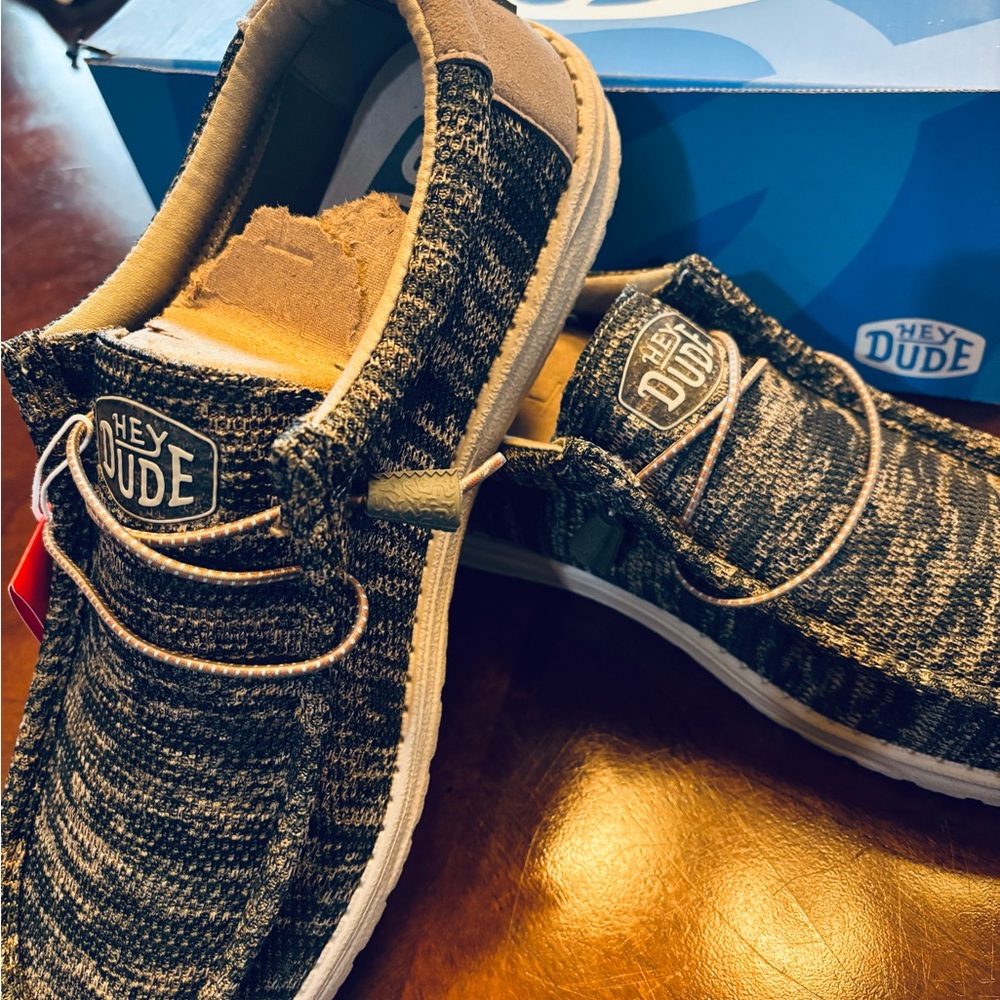 Hey Dude Charcoal and Beige Knit Shoes